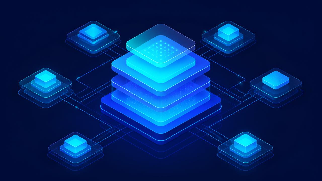 Layered abstract blocks representing a modern AI automation technology stack